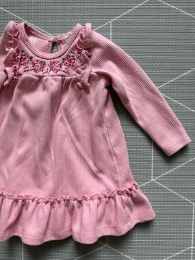 Between|Baby girl long sleeve ribbed  Pink Ruffle dress,floral embroidery•••12M
